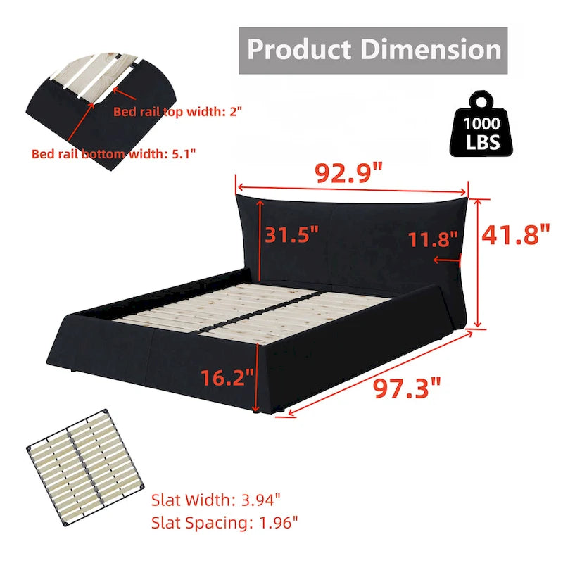 Lit plateforme King en velours avec tête de lit rembourrée