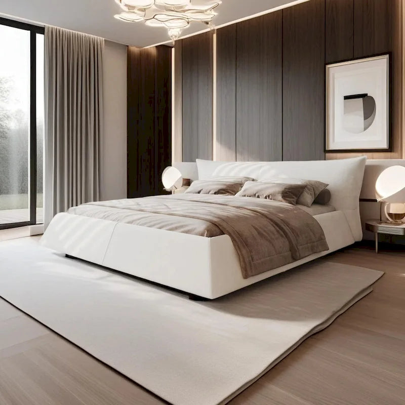 Lit plateforme King en velours avec tête de lit rembourrée