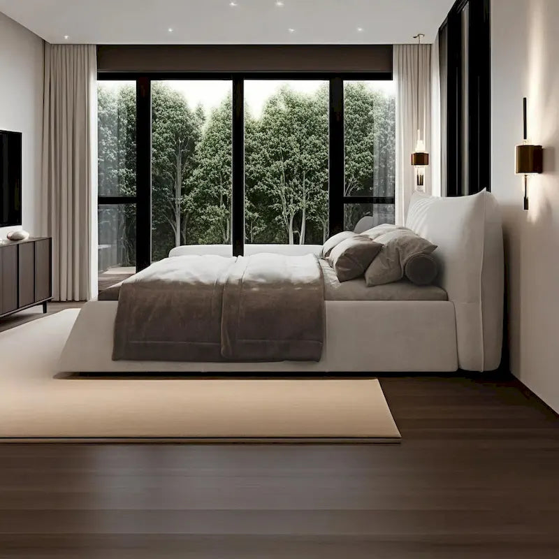 Lit plateforme King en velours avec tête de lit rembourrée