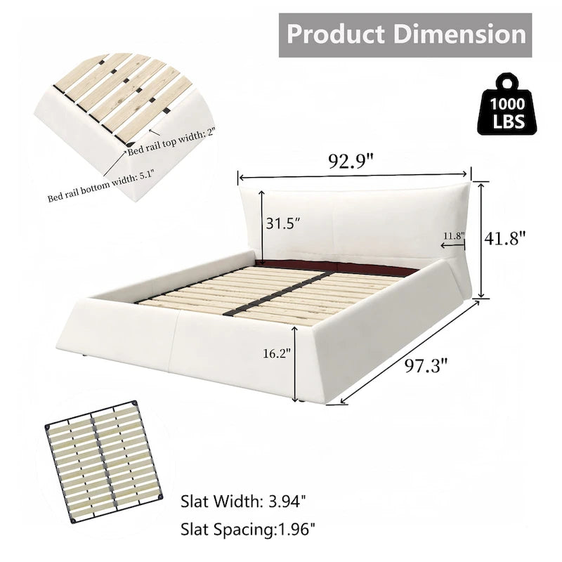 Lit plateforme King en velours avec tête de lit rembourrée